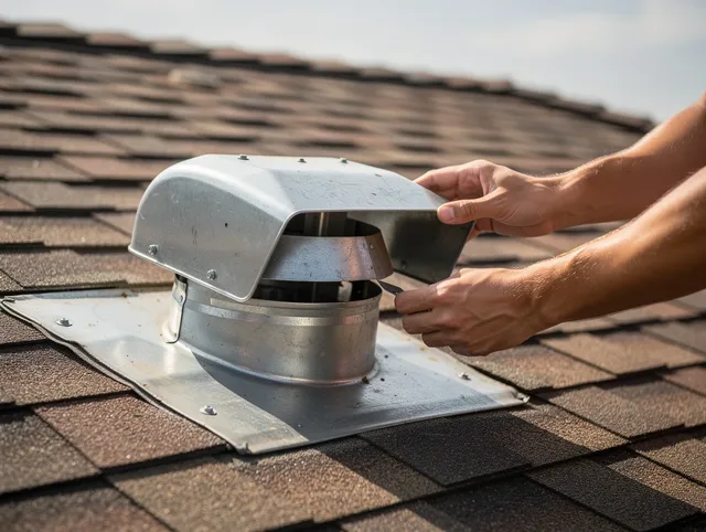 Stamford Dryer Vent Cleaning certified technician safely cleaning a roof-mounted dryer vent in Stamford