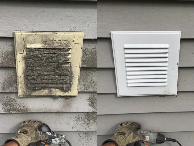 Stamford Dryer Vent Cleaning technician installing high-quality dryer vent cover at a residential property in Stamford