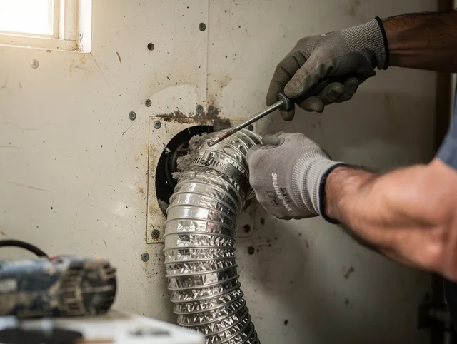 Stamford Dryer Vent Cleaning technician performing precise dryer vent hose installation in Stamford